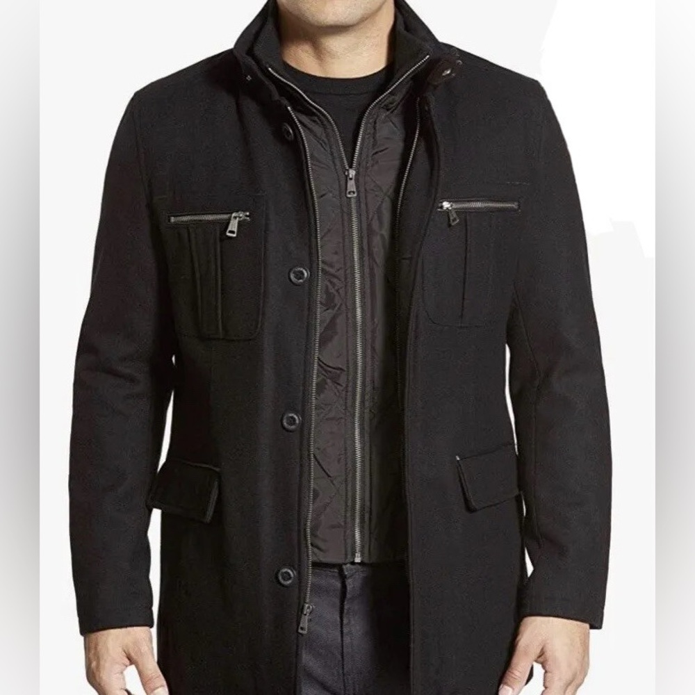 Cole Haan Men’s Medium Black Wool Blend Melton Button & Zip Up Winter Pea Coat